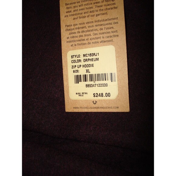 New NWT $248 XL Mens Zip Hoodie Jacket Leather Logo Patch Dark Red True Religion - Picture 8 of 8